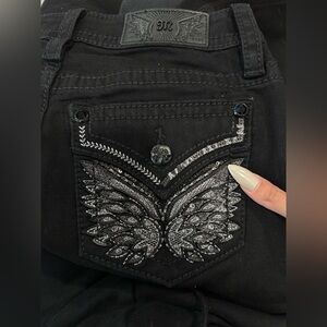 Miss Me Black Mid-Rise Slim Wide Jeans with Embroidered Detail